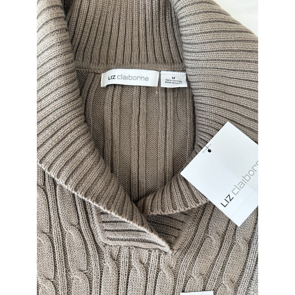 Liz Claiborne Taupe Cable Knit Shawl Collar Sweater - Women's M - Picture 2 of 7